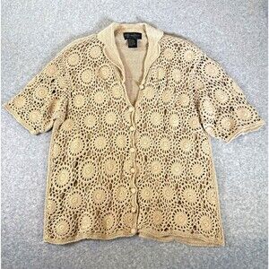 VTG Crochet Short Sleeve Cardigan Sweater L Cotton Blend Beige Neutral Earthy